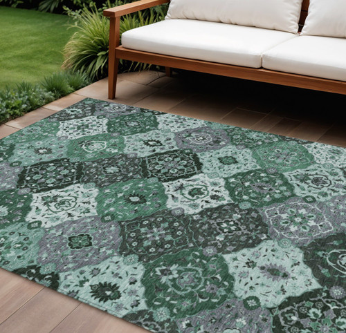10' X 14' Green Ivory And Gray Floral Medallion Washable Indoor Outdoor Area Rug