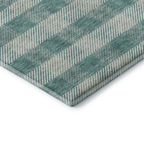 8' Teal And Ivory Plaid Washable Round Rug With UV Protection