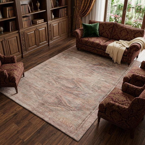 9' X 12' Salmon Copper And Beige Abstract Geometric Washable Area Rug With UV Protection