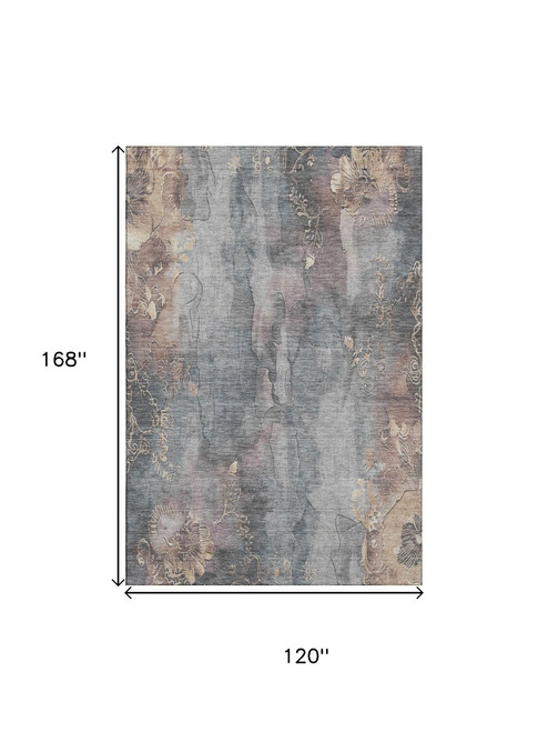 10' X 14' Gray And Beige Floral Washable Area Rug With UV Protection