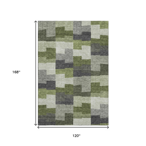 10' X 14' Olive Green Gray And Ivory Geometric Washable Area Rug With UV Protection