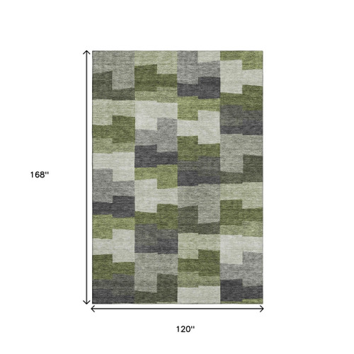10' X 14' Olive Green Gray And Ivory Geometric Washable Area Rug With UV Protection