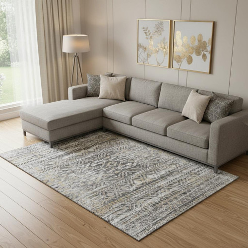9' X 12' Gray Gold And Ivory Moroccan Washable Area Rug With UV Protection
