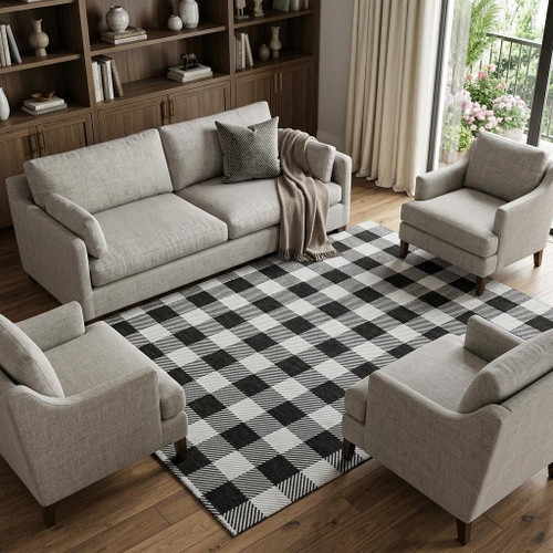 8' X 10' Black And Ivory Plaid Washable Area Rug With UV Protection