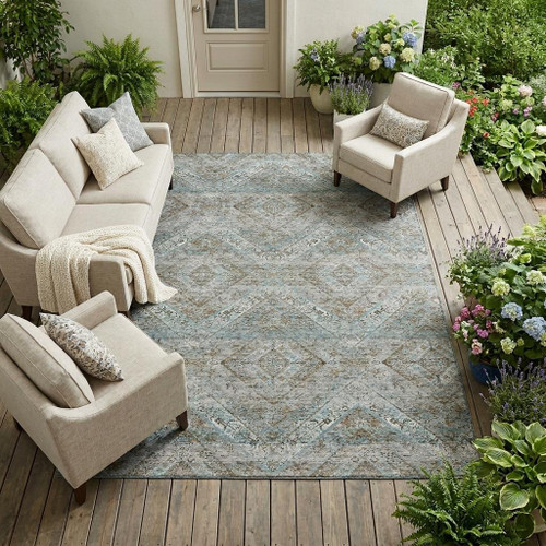 9' X 12' Teal Blue And Purple Tribal Washable Indoor Outdoor Area Rug