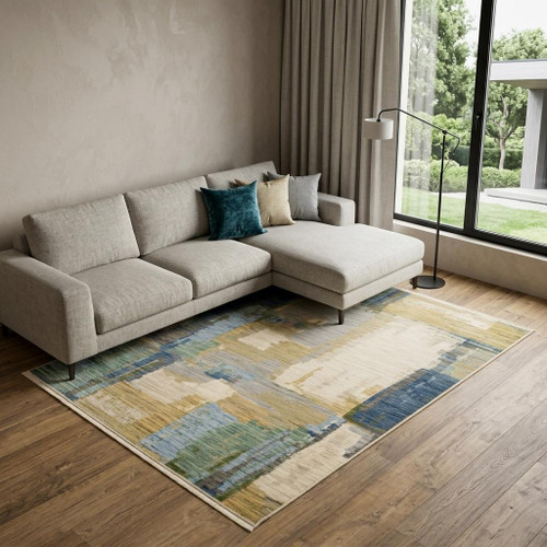 8' X 11' Blue Green And Beige Abstract Area Rug With Fringe