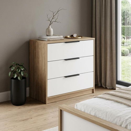 28" Oak And White Wood Three Drawer Dresser