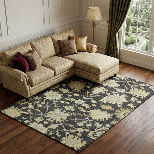 8' X 10' Black Beige And Gold Floral Medallion Washable Area Rug With UV Protection