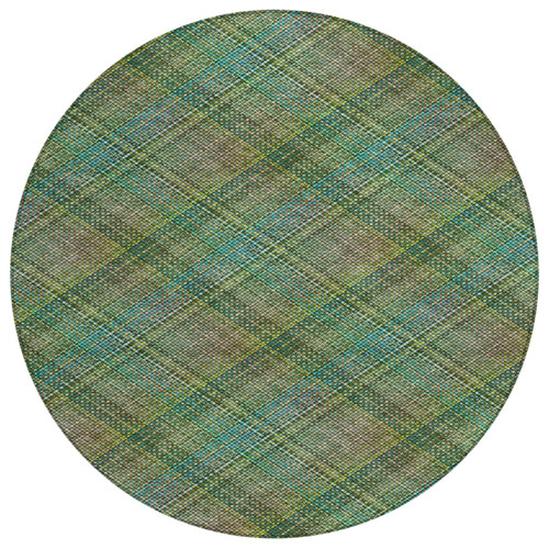 8' Green And Emerald Round Plaid Washable Indoor Outdoor Area Rug