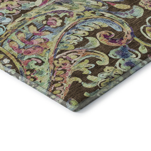 9' X 12' Chocolate Blue And Pink Paisley Washable Area Rug With UV Protection