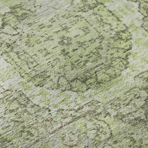 8' Artichoke Green And Gray Oriental Washable Round Rug With UV Protection