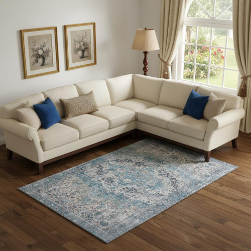 9' X 12' Blue Beige And Teal Oriental Washable Area Rug With UV Protection