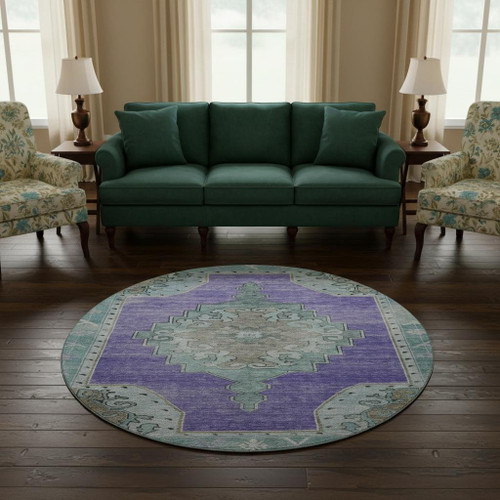 8' Purple Teal And Taupe Oriental Washable Round Rug With UV Protection