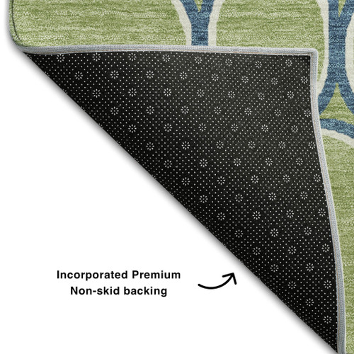 10' X 14' Artichoke Green Ivory And Blue Geometric Washable Area Rug With UV Protection