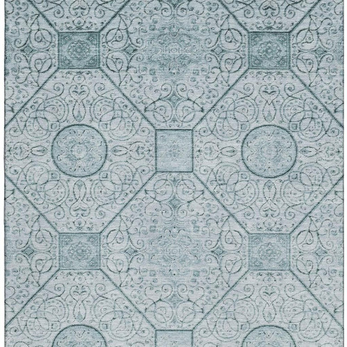 10' X 14' Aqua And Ivory Geometric Washable Area Rug With UV Protection