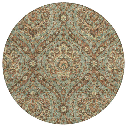 8' Green And Linen Round Floral Washable Indoor Outdoor Area Rug