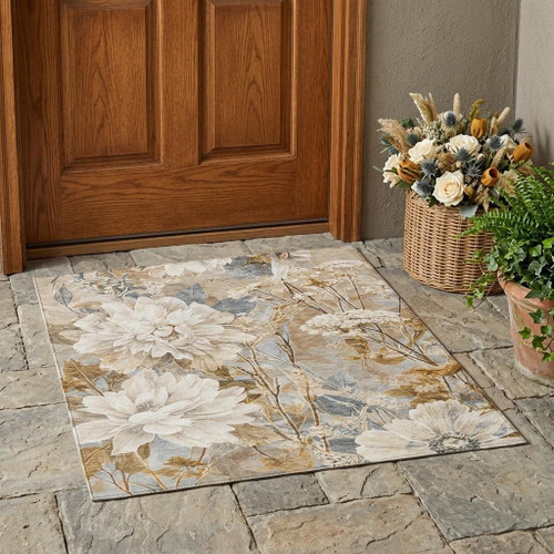 3' X 5' Beige And Brown Floral Washable Indoor Outdoor Area Rug