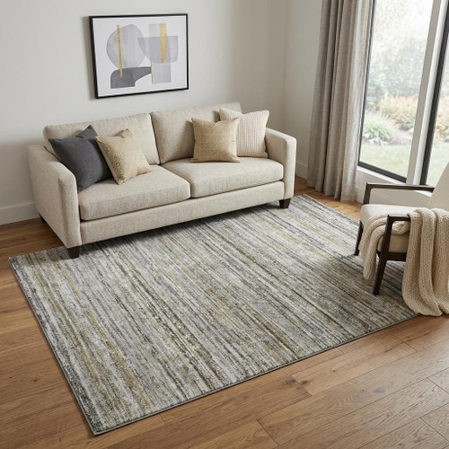 5' X 8' Pewter Silver And Gray Striped Washable Area Rug With UV Protection