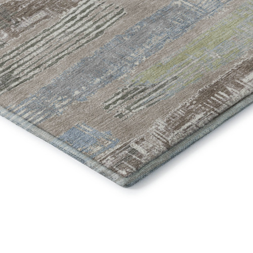 8' Taupe Blue And Green Striped Washable Round Rug With UV Protection