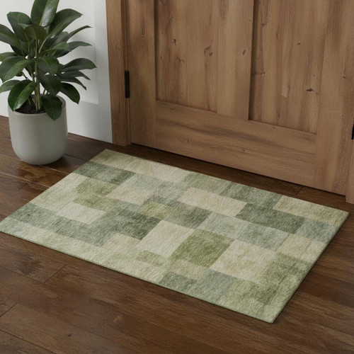 3' X 5' Artichoke Green And Beige Geometric Washable Area Rug With UV Protection