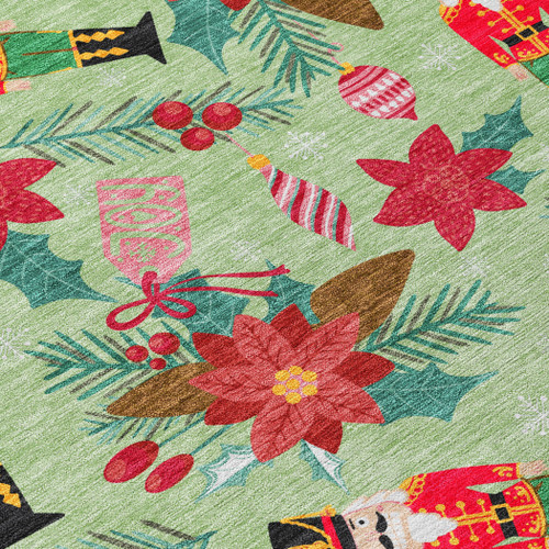 8' Artichoke Green Red Black Pink And Brown Round Floral Washable Indoor Outdoor Area Rug