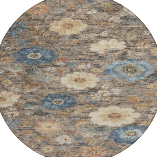 8' Khaki And Brown Round Floral Washable Indoor Outdoor Area Rug