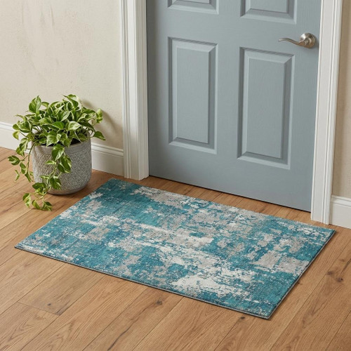 3' X 5' Teal Gray And Ivory Abstract Washable Area Rug With UV Protection