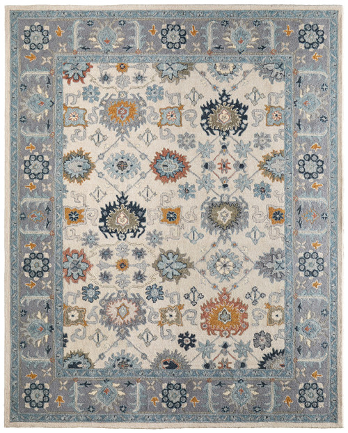 5' X 8' Blue And Ivory Wool Floral Hand Tufted Area Rug