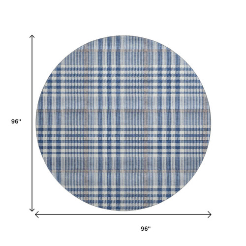 8' Navy Blue Ivory And Gray Plaid Washable Round Rug With UV Protection