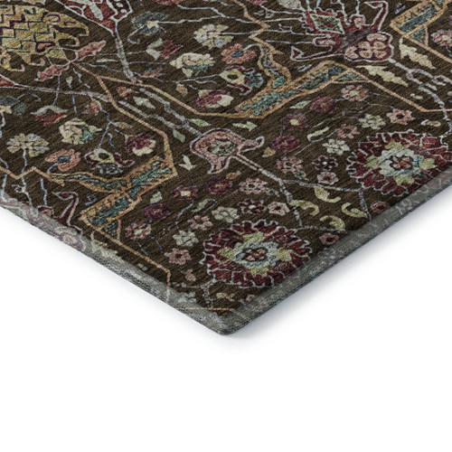 5' X 8' Chocolate Gold And Teal Floral Washable Area Rug With UV Protection
