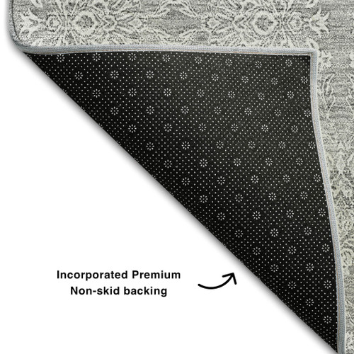 3' X 5' Gray And Ivory Floral Washable Area Rug With UV Protection