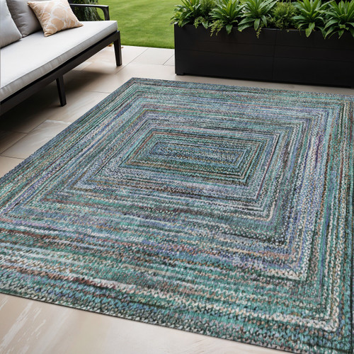 5' X 8' Teal Blue Brown And Ivory Geometric Washable Indoor Outdoor Area Rug