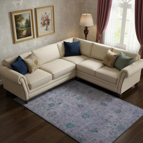 10' X 14' Lavender And Teal Oriental Washable Area Rug With UV Protection