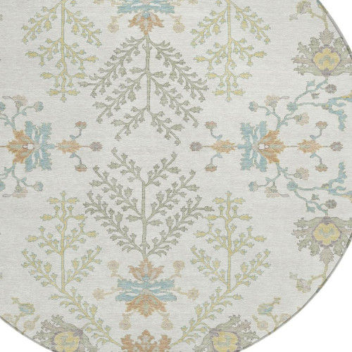 8' Ivory And Beige Round Oriental Washable Indoor Outdoor Area Rug
