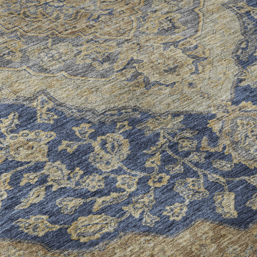5' X 8' Navy Blue Beige And Gray Floral Medallion Washable Area Rug With UV Protection