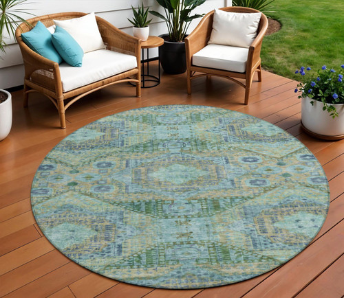 8' Green And Pale Aqua Round Moroccan Washable Indoor Outdoor Area Rug