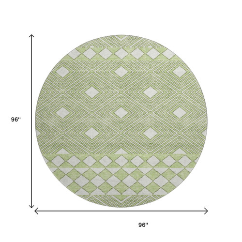 8' Artichoke Green And Ivory Geometric Washable Round Rug With UV Protection