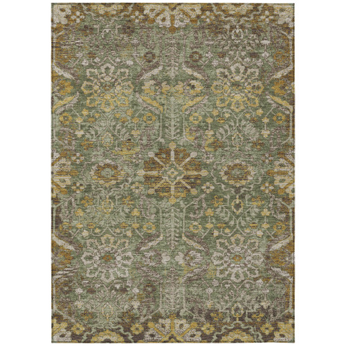 10' X 14' Olive Green And Green Damask Washable Indoor Outdoor Area Rug