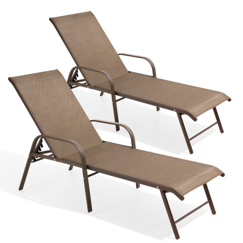 Set of Two Brown Aluminum Six Position Adjustable Outdoor Stacking Chaise Lounges