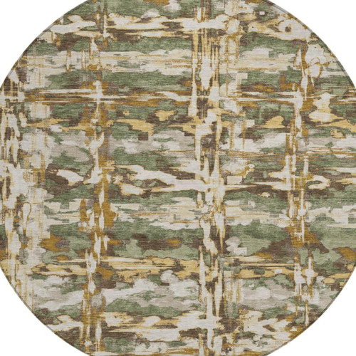 8' Olive Green And Green Round Abstract Washable Indoor Outdoor Area Rug
