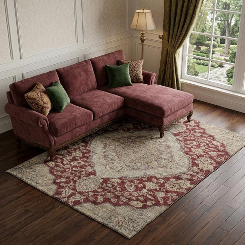 10' X 14' Burgundy Beige And Gray Floral Medallion Washable Area Rug With UV Protection