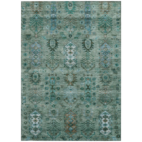 10' X 14' Green And Teal Blue Tribal Washable Indoor Outdoor Area Rug
