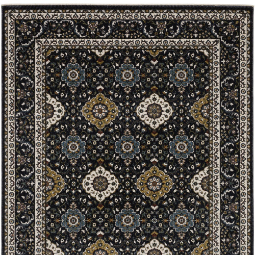 7' X 10' Navy Blue And Gold Medallion Area Rug With Fringe