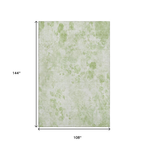 9' X 12' Artichoke Green And Ivory Floral Washable Area Rug With UV Protection