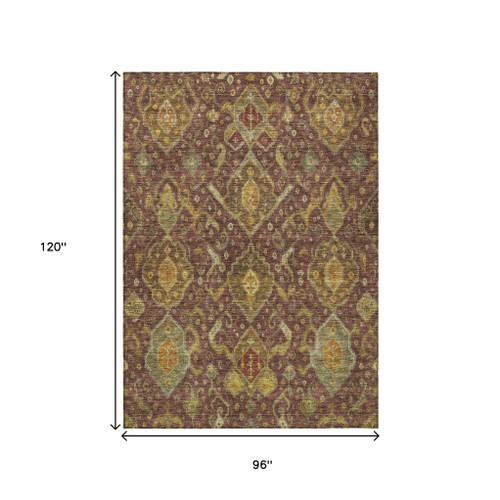 8' X 10' Burgundy Gold And Copper Ikat Washable Indoor Outdoor Area Rug