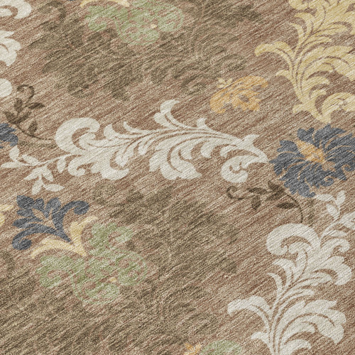 9' X 12' Brown And Taupe Damask Washable Indoor Outdoor Area Rug