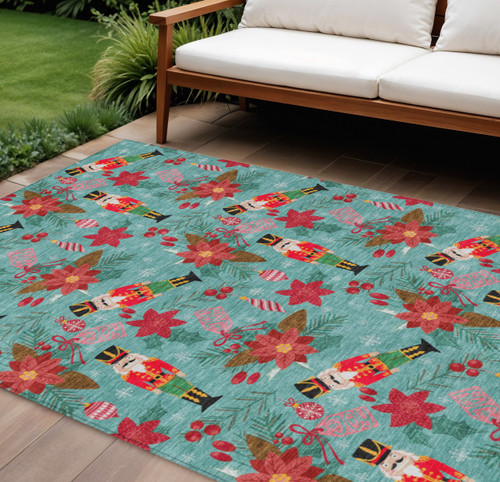 8' X 10' Teal Blue Red Black Pink And Brown Floral Washable Indoor Outdoor Area Rug