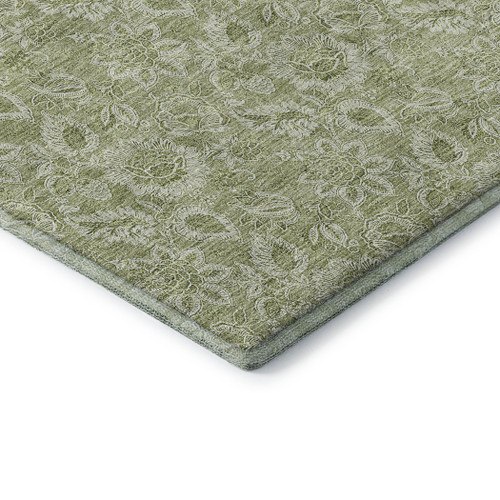 10' X 14' Artichoke Green And Silver Floral Washable Area Rug With UV Protection