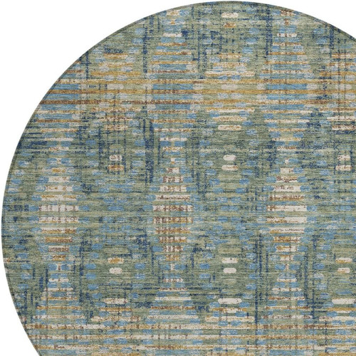 8' Green And Gray Round Floral Medallion Washable Indoor Outdoor Area Rug