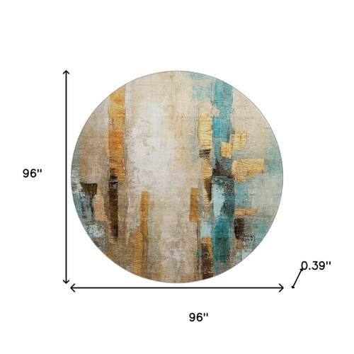 8' Beige And Teal Abstract Washable Round Rug With UV Protection